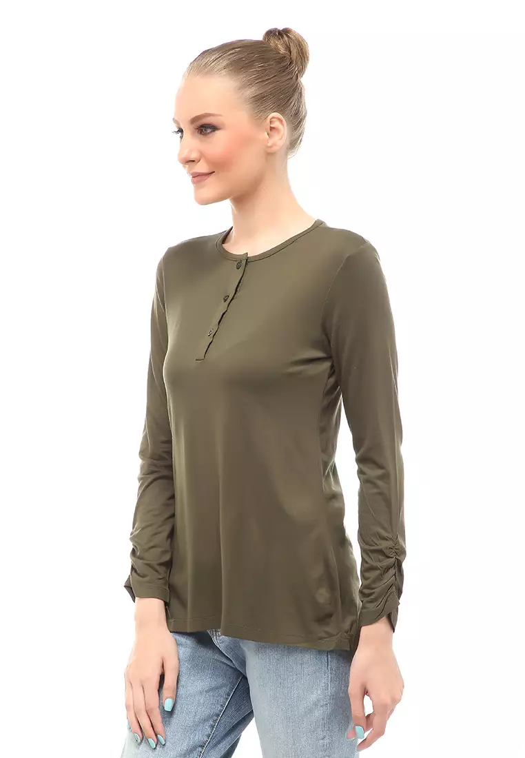 Kaos Wanita Lengan Serut Motif Solid Design Simple Relaxed Fit - Army Green