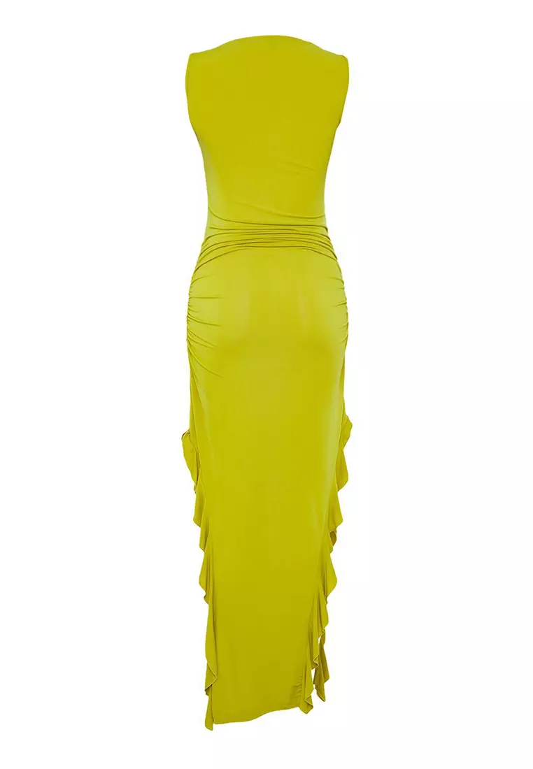 Oil Green Bodycone Zero Sleeve Slit Ruffle Detail Stretchy Maxi Pencil Dress