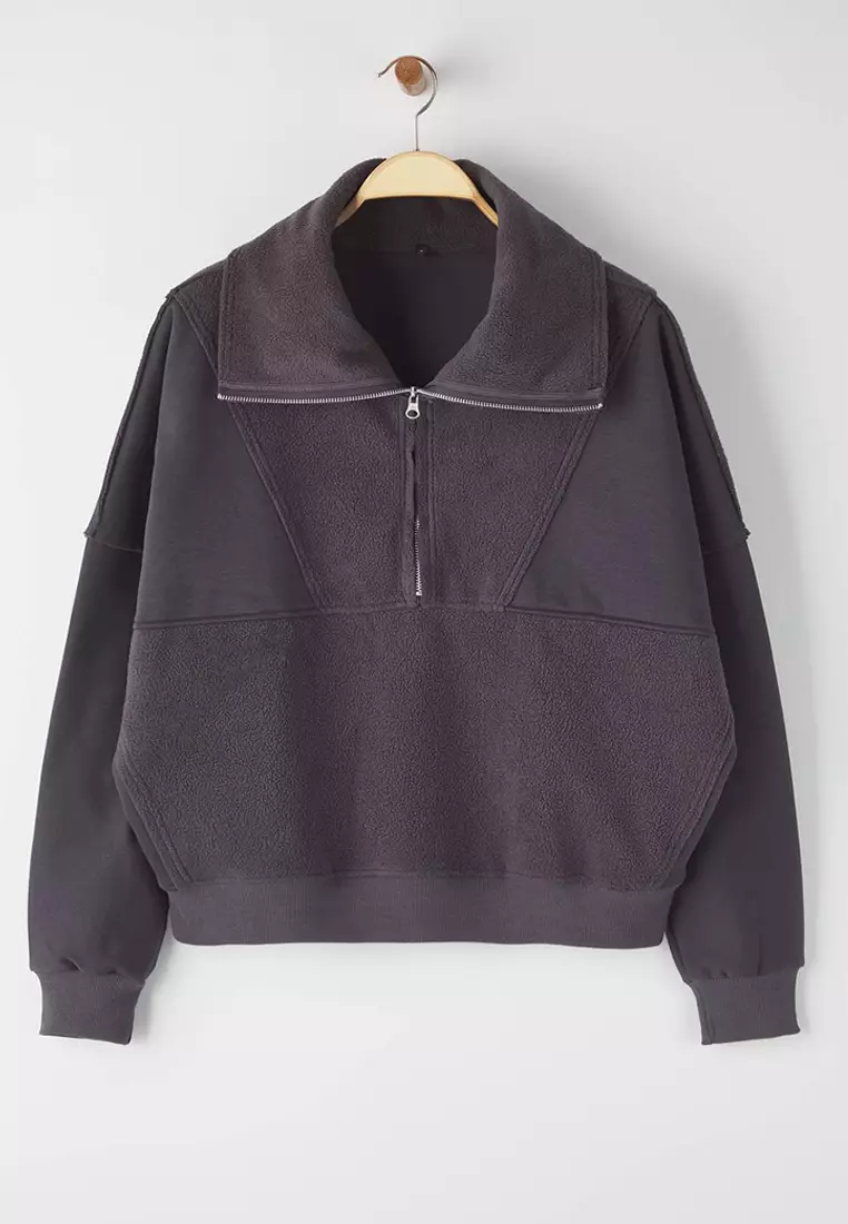 Anthracite Regular/Normal Pattern Polar Fleece Zippered Pocket Detailed Thick Knitted Sweatshirt