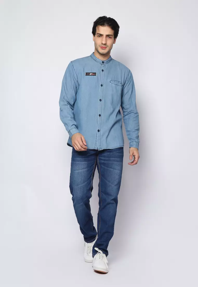 Kemeja Denim Glorys Krah Mandarin K-Bobok L/S Light Blue 182506