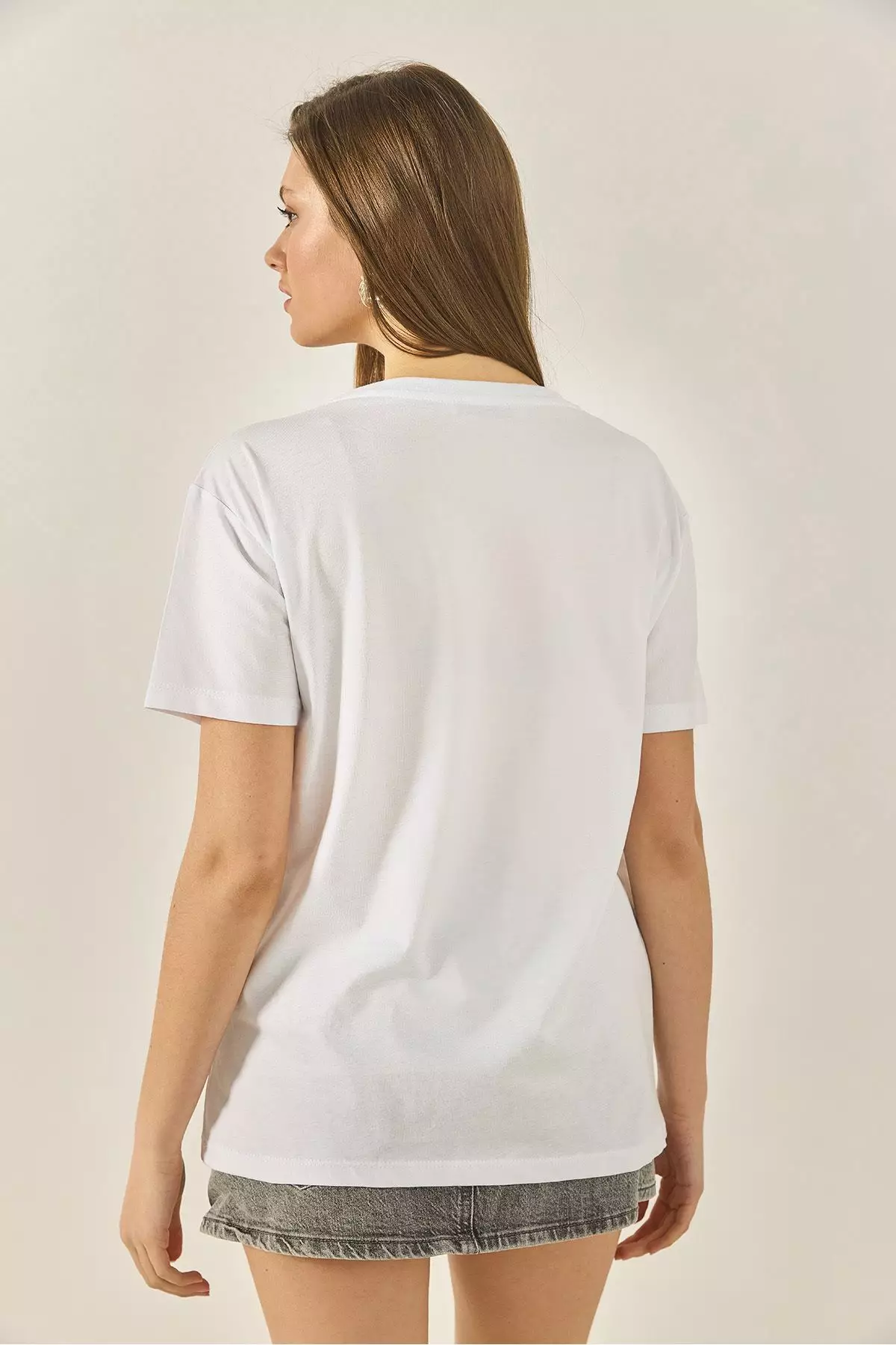 Women's Flower Motif Stone Bead Embroidered Regular Fit Cotton T-Shirt 8128 60283300