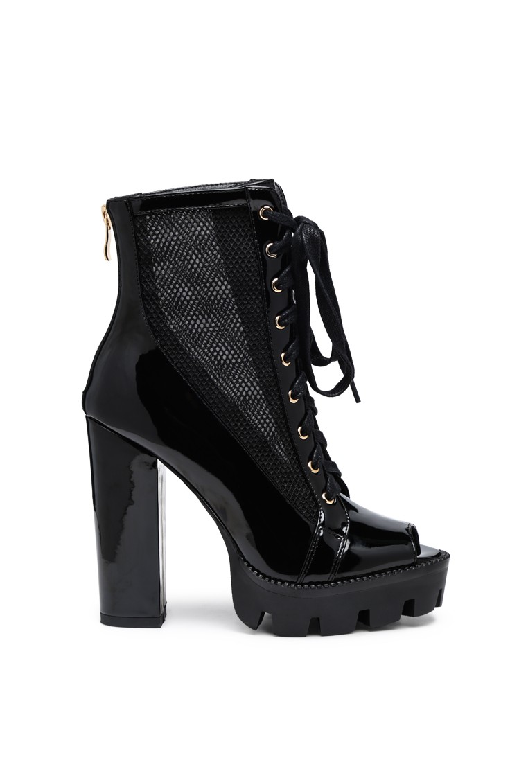 Peep Toe Lace-Up Booties in Black