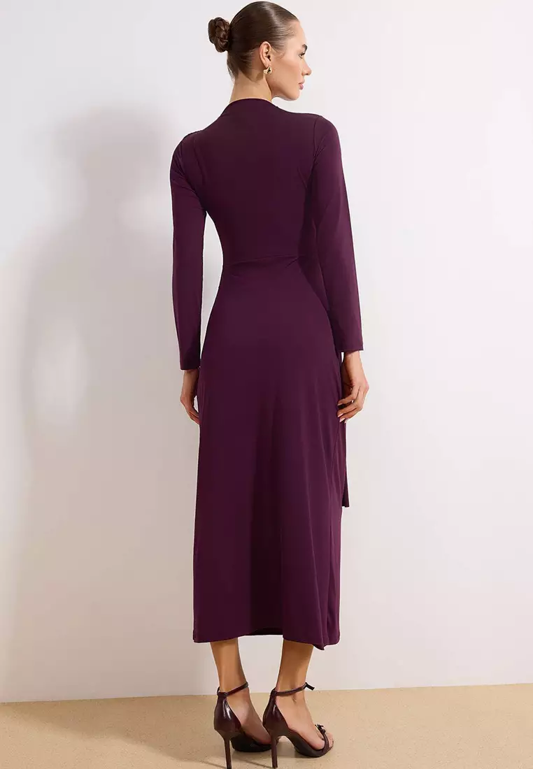 Plum Unlined Plain Knitted Buckle Detail Sandy Hijab Dress Tctss26Eb00058