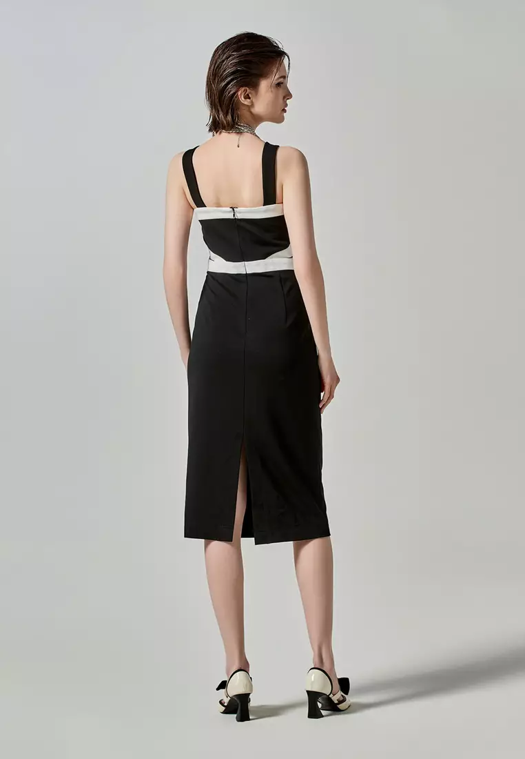 Midi Black Dress With Contrast White Trim