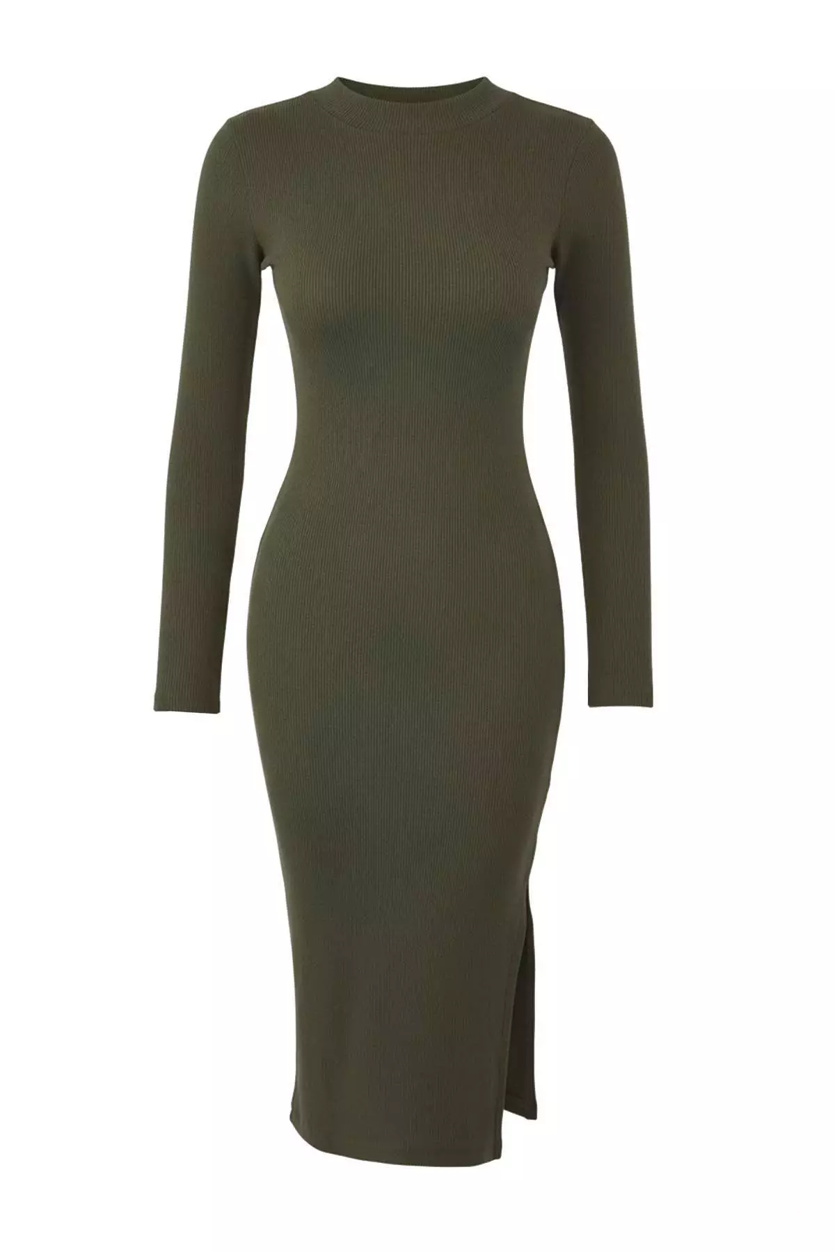 Khaki Body-Styling Slit Crew Neck Midi Ribbed Flexible Knit Pencil Dress Twoaw21El0135
