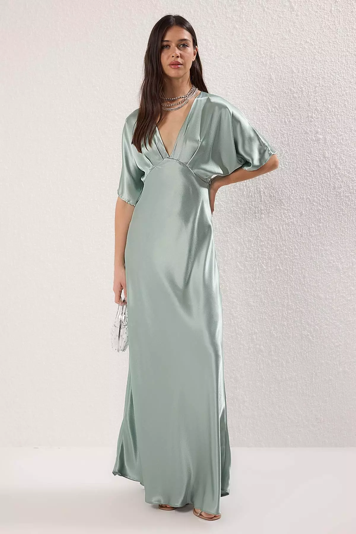 Mint V Neck Satin Maxi Evening Dress