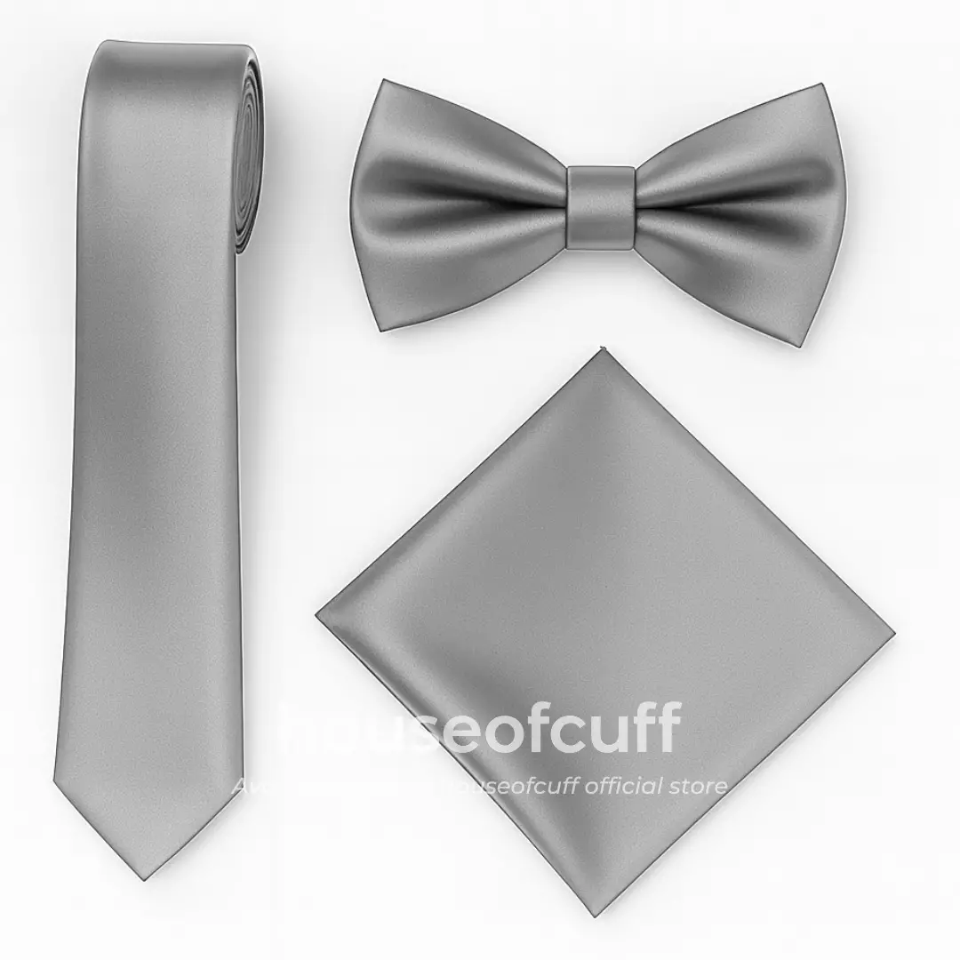 Houseofcuff dasi panjang dasi kupu pocket square satin Soft Grey