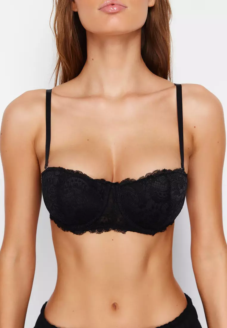 Black Lace Rope Strap Covered Strapless Knitted Bra