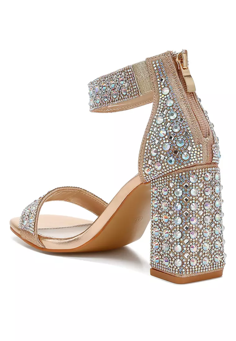 Rhinestones And Sequins Block Sandals in Rose Gold