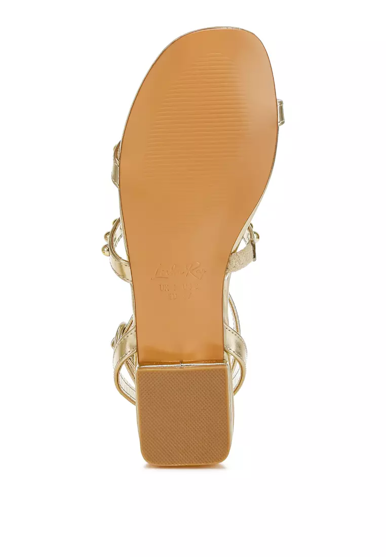 Studded Ankle Strap Flat Sandals in Gold