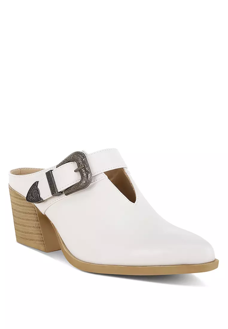 Carved Buckle Statement Mules in White