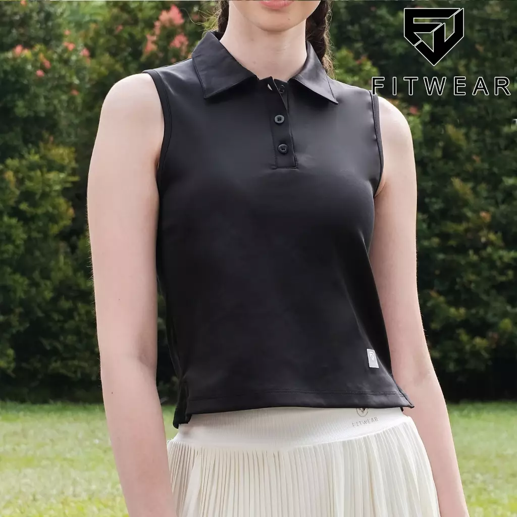 Fitwear Kaos Olahraga Padel Tennis Wanita INGRID SLEEVELESS POLO SHIRT - BLACK