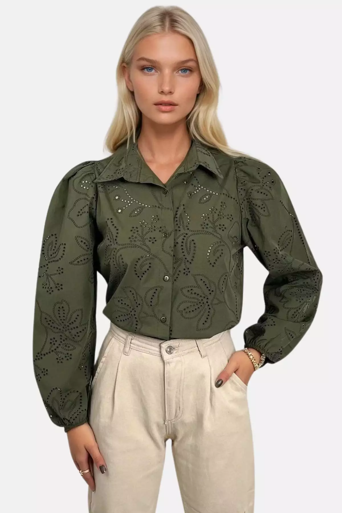 Women's Green Guipure Woven Premium Shirt Alc-X4366