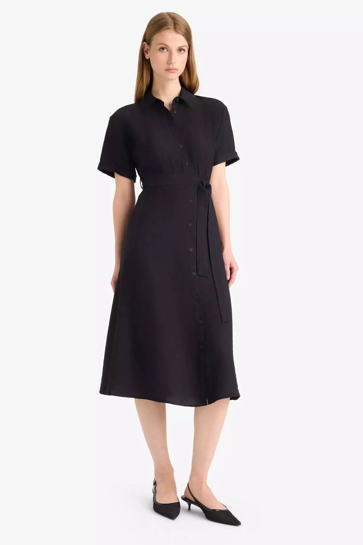 Shirt Collar Belted Short Sleeve Midi Black Summer Dress F2113Ax25Sm