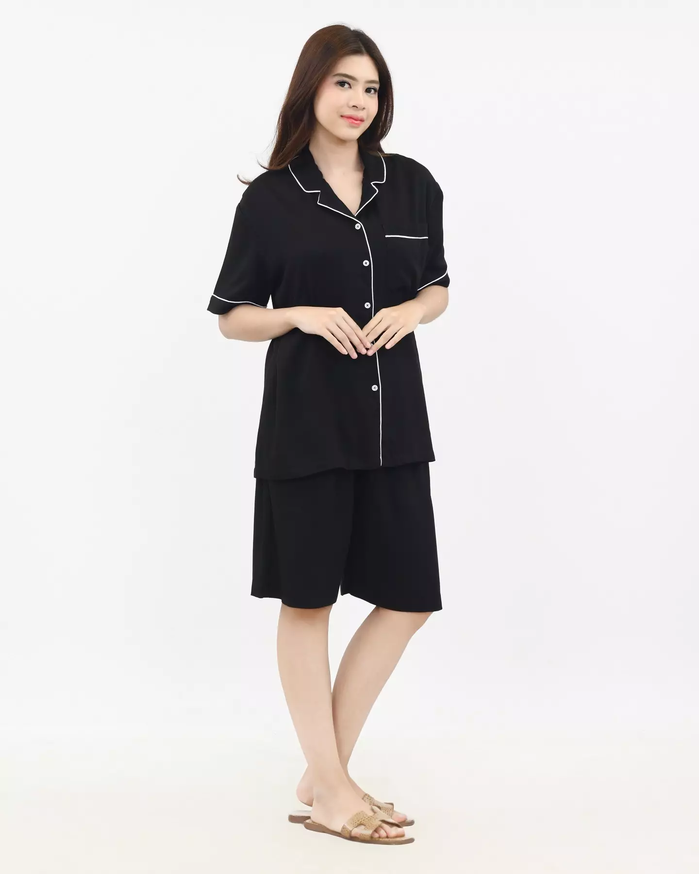 Setelan Piyama Katun Wanita Keisha [HITAM] SIZE L-XXL Baju Tidur Short Sleeve Short Pants Plain Sleepwear