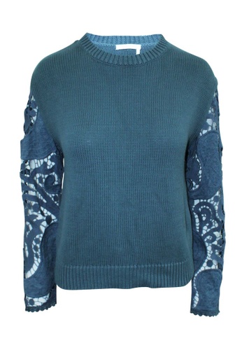 SEE BY CHLOE blue see by chloé Sea Blue Knitted Sweater with Embroidered Sleeves A8B39AA2C3E800GS_1