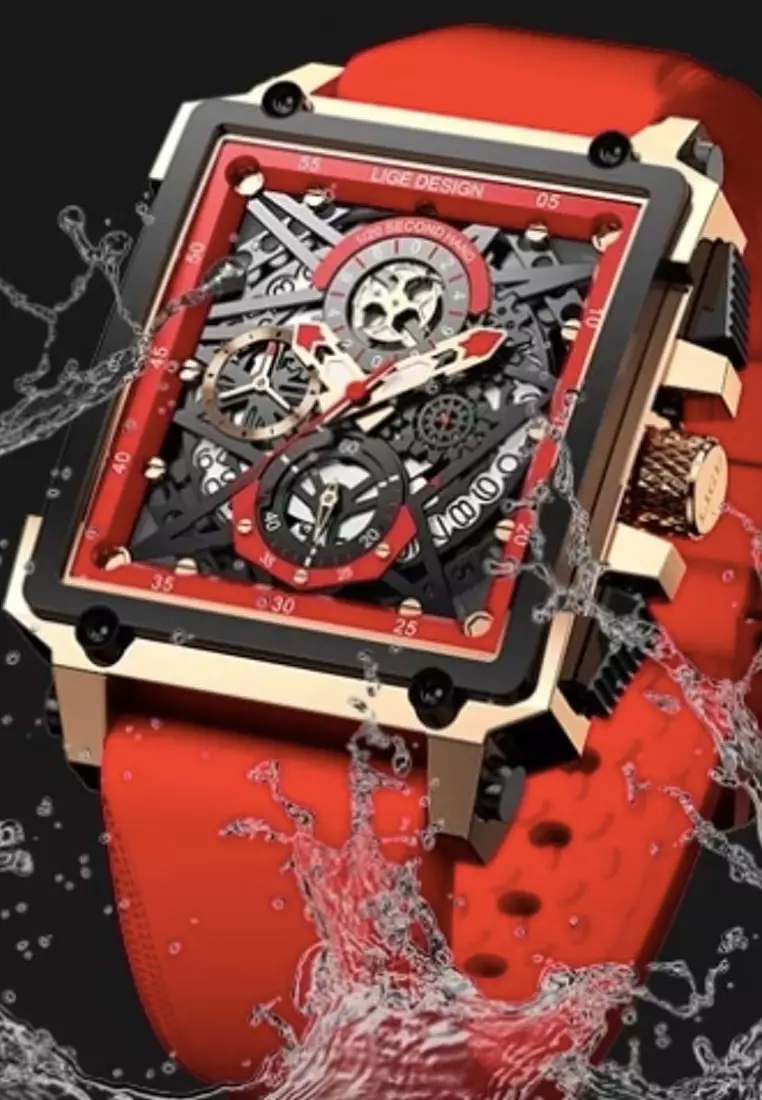 Skeleton Unisex IP Pink Stainless Steel Chronograph Quartz watch 42mm W x 45mm H on Red Rubber Strap