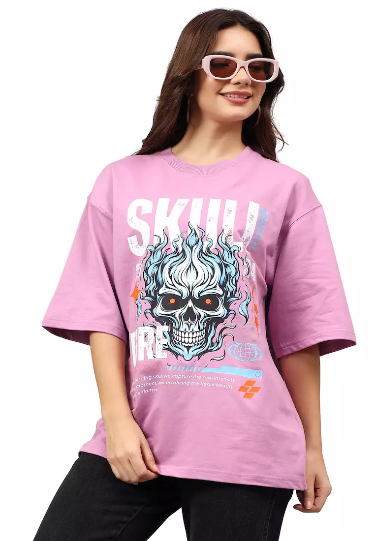 骷髅火焰图案薰衣草色棉质宽松T恤/T恤，男女通用运动服，圆领，短袖