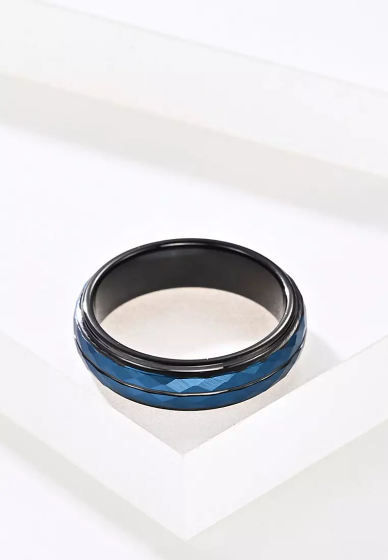 Rhombus Surface Blue And Black Matching Tungsten Steel Ring JW QF-007