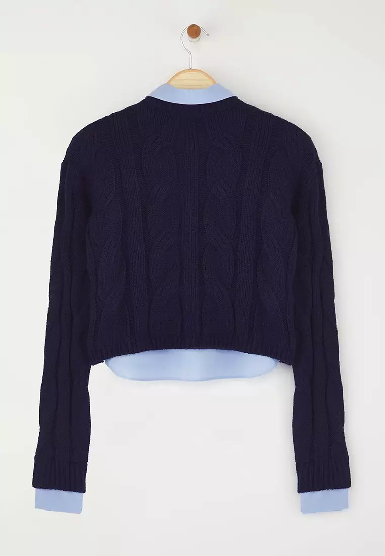 Navy Blue Shirt Garnish Detail Crop Knitwear Sweater Twoaw26Kz00047