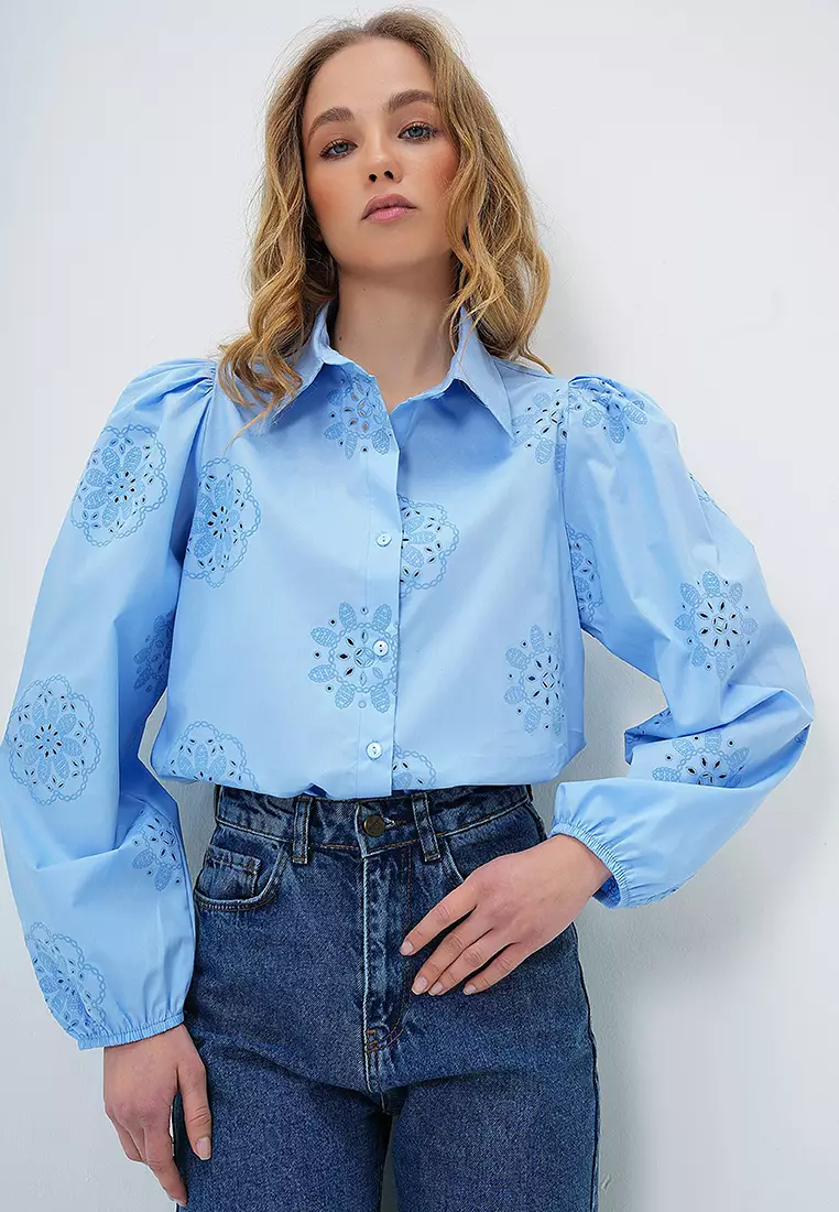 Women's Baby Blue Guipure Woven Premium Shirt Alc-X4366