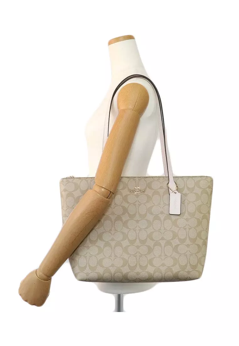 Zip Top Tote In Signature Light Brown/White - Brown