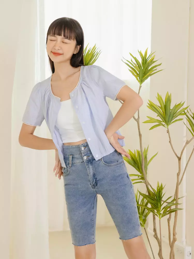 Lace Trim Striped Cropped Shirt [AB18864]