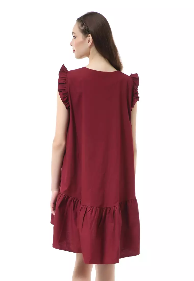 Rachel Mini Dress Ruffle Wanita Lengan Pendek Motif Polos Material Cotton ORIGINAL - Maroon