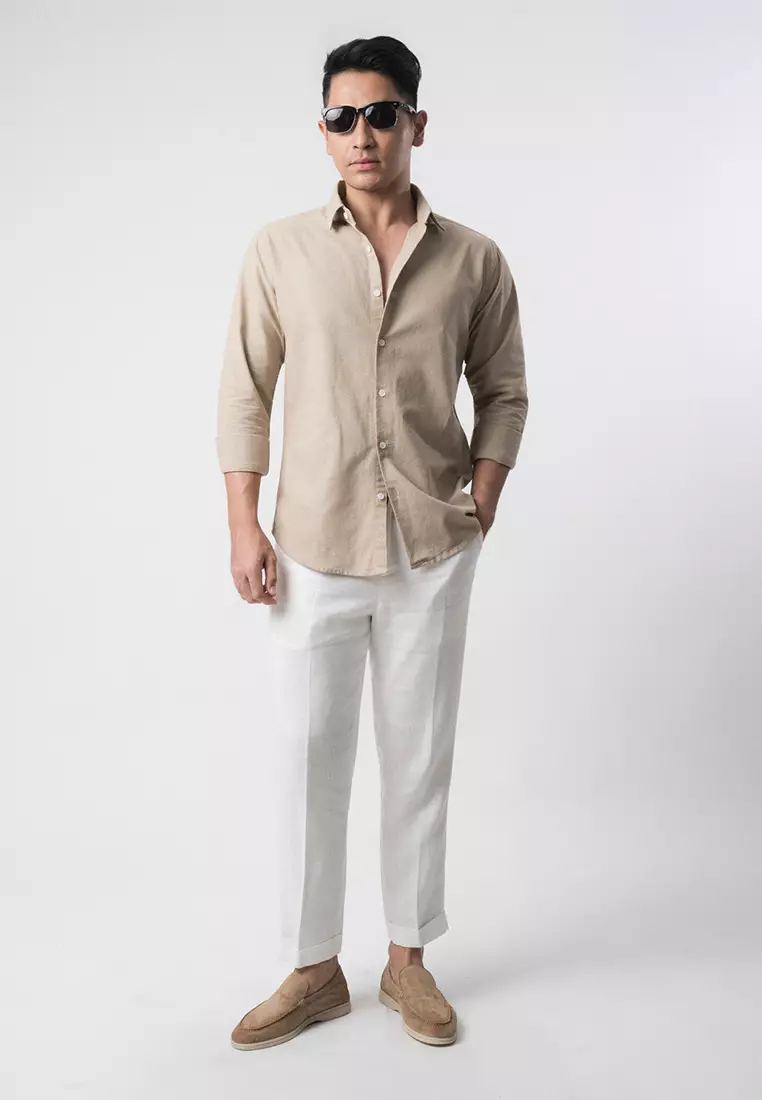 Linen Blend Slim Fit Shirt - Khaki LS