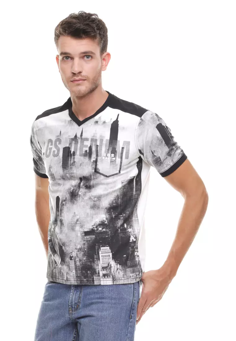 LGS - Slim Fit - Kaos Fashion - Kerah Vneck - Motif Gedung - Putih