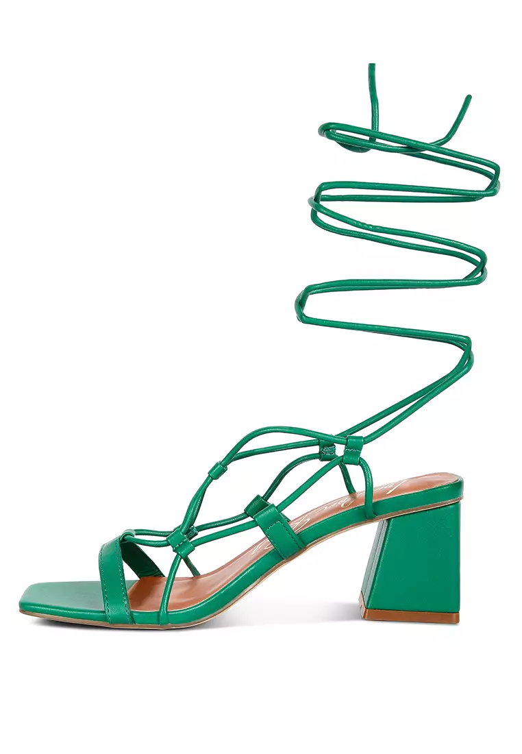 Green Lace Up Block Heeled Sandal
