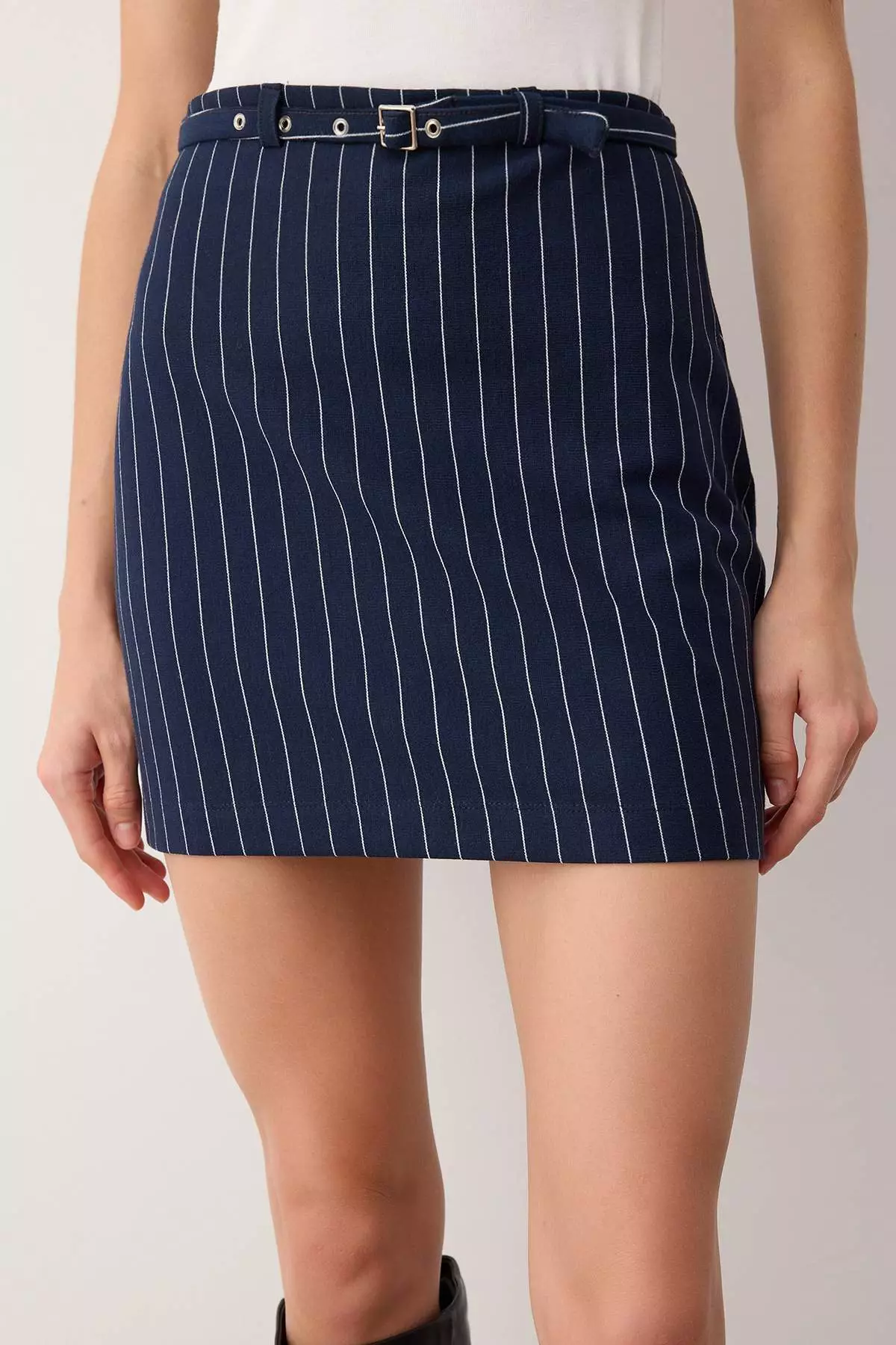 Dark Navy Blue Striped Belt Detailed A-Line Knitted Mini Skirt