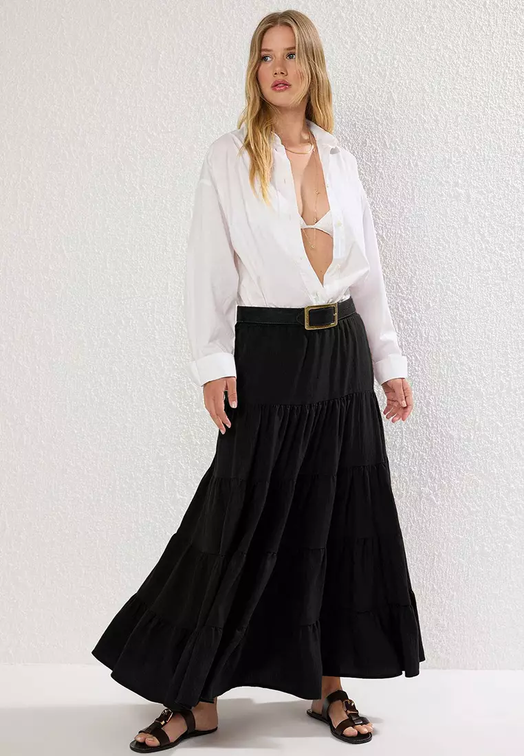 Black Cotton Textured Maxi Size Bohemian Skirt
