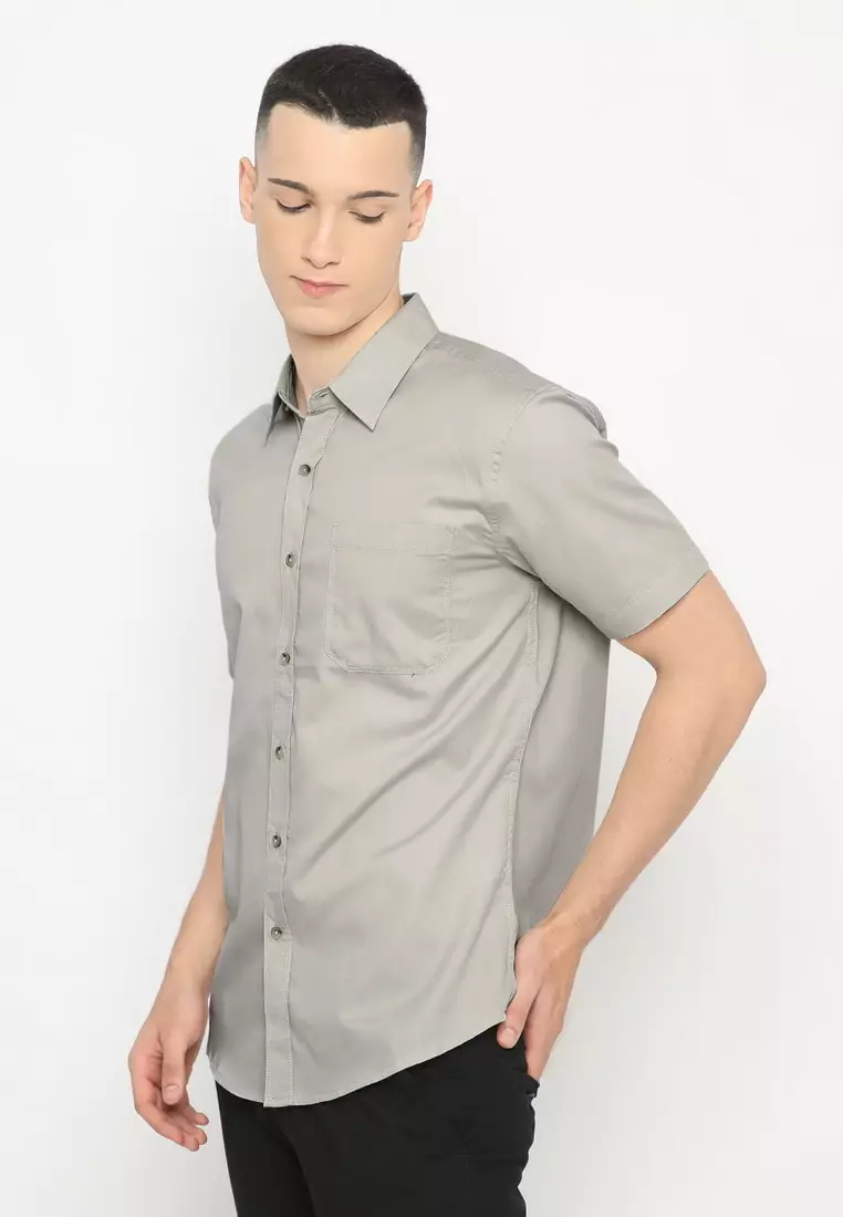 NX Kemeja Polos Cotton Twill Abu Regular Fit Pria