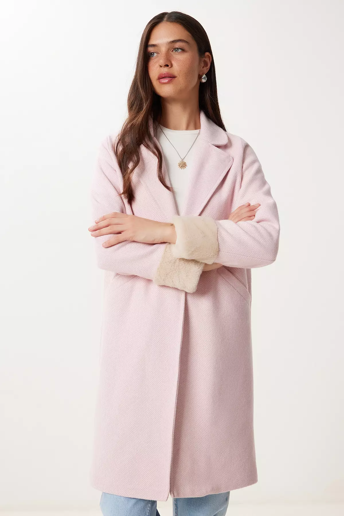 Women's Candy Pink Double Breasted Collar Fur Cashmere Coat Dd01367