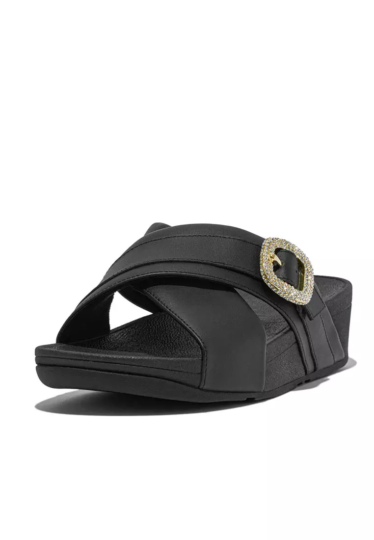 FitFlop LULU Crystal-Buckle Leather Cross Slides - Black (HO1-001)