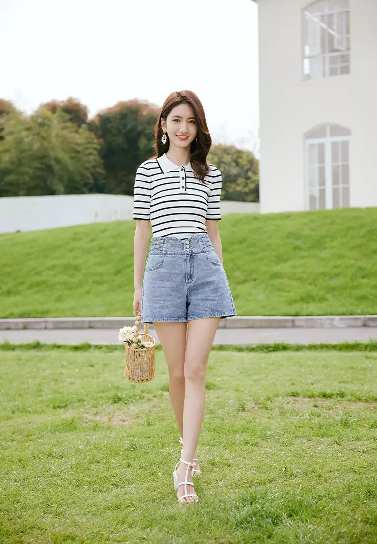 Buy Hopeshow Short Sleeve Collar Neck Striped Knit Top 2025