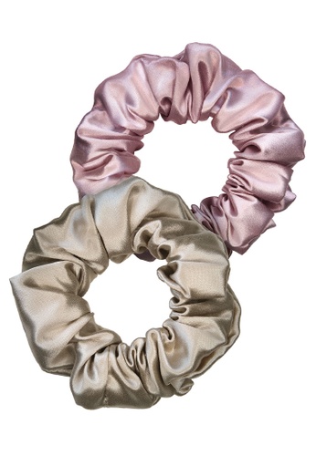 Moody Mood pink and multi and brown and beige Mulberry Silk Scrunchies Set．Blush & Champagne 2850CAC189855CGS_1