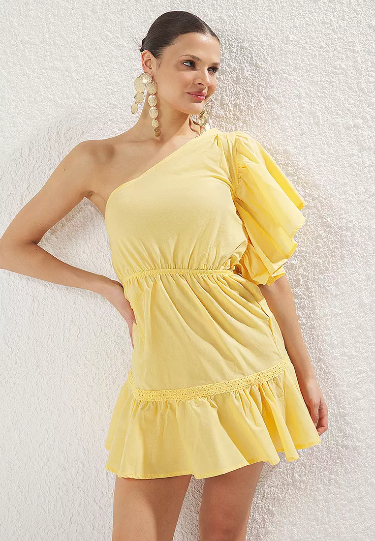 One Shoulder Mini Woven Flounce Beach Dress