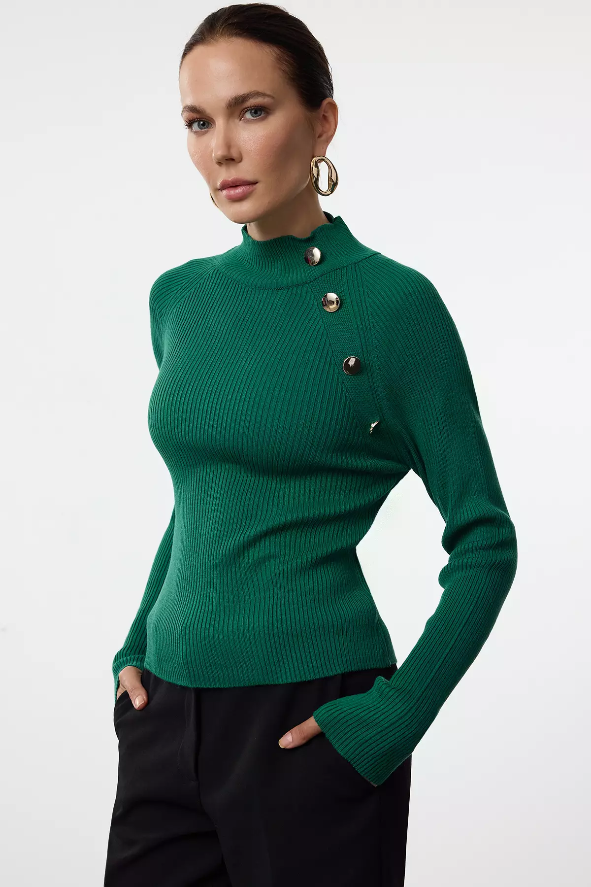 Green Button Stand Collar Detail Slim Fitted/Full Body Knitwear Sweater