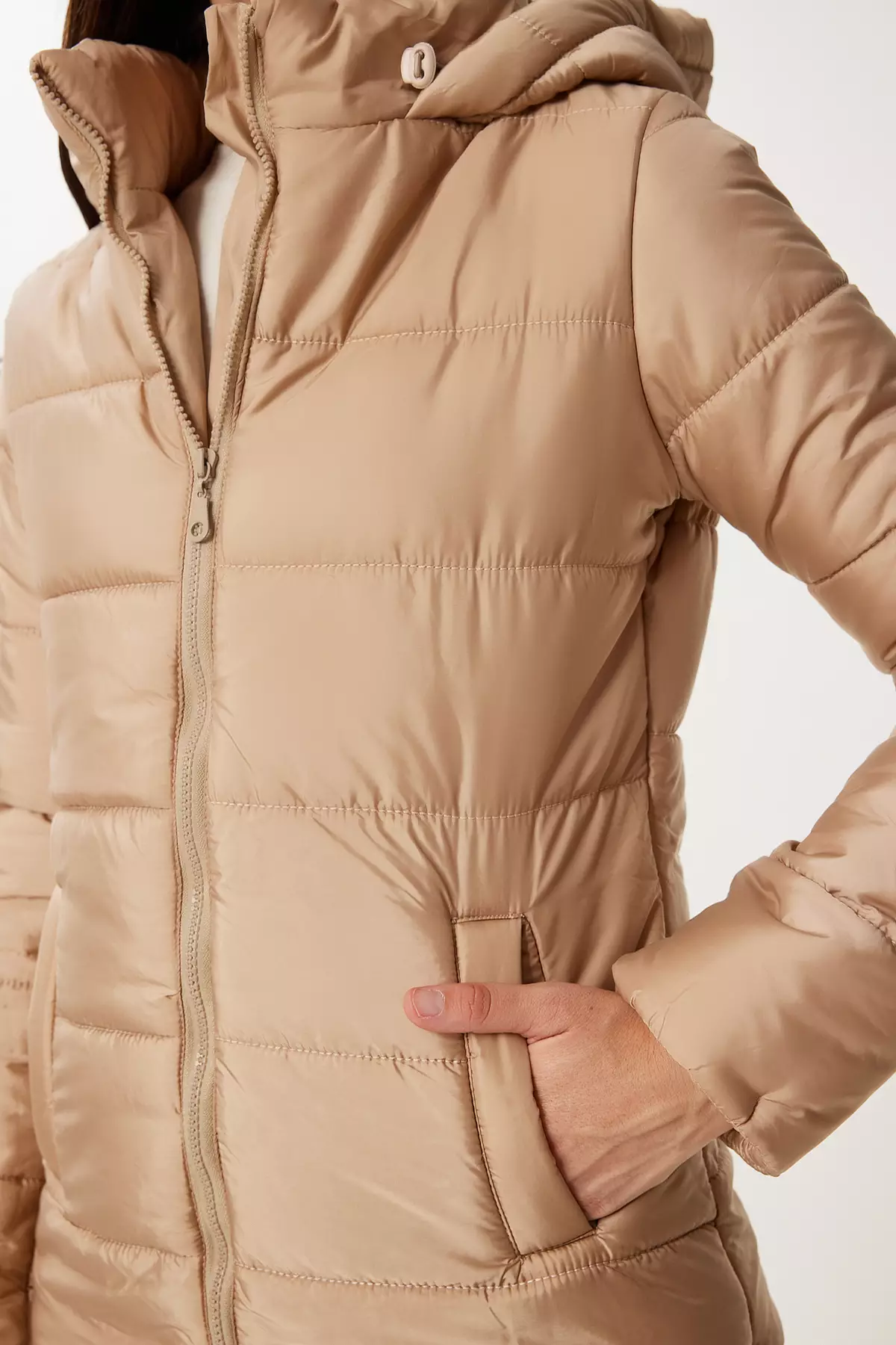Women's Beige Hooded Down Jacket Qa00004