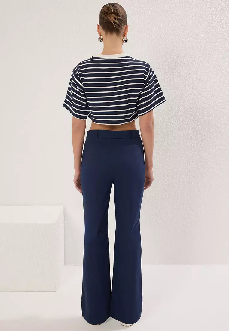 Navy Blue Faux Pocket Flap Cotton Bootcut Trousers TWOSS25PL00077