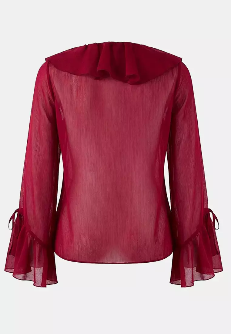 Buy Trendyol Burgundy Ruffle Detailed Transparent Chiffon Woven Blouse ...