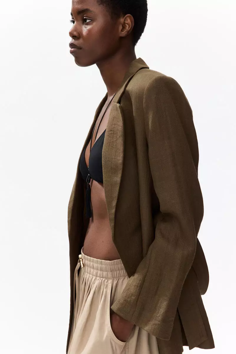 Textured-weave tie-belt blazer