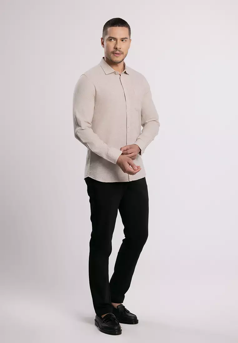 MOC - Kemeja Polos Pria Lengan Panjang Ford - Beige