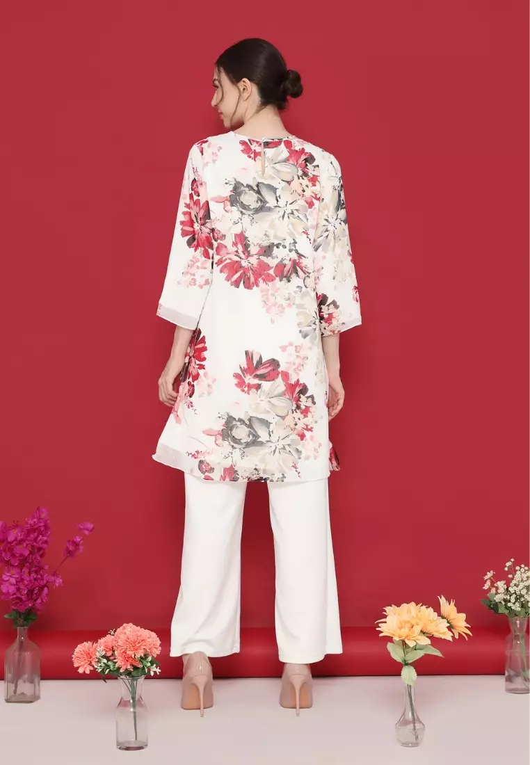 Tunik Sifon panjang wanita modis bahan ringan dengan desain floral kekinian By Brilliant Girl Warna PUTIH