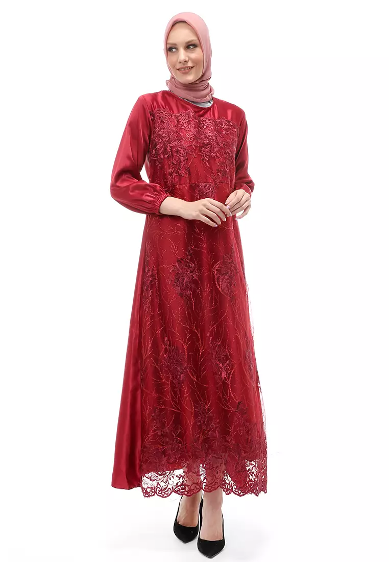 Monita Gamis Brokat Tile Wanita Muslimah Regular Fit - Maroon