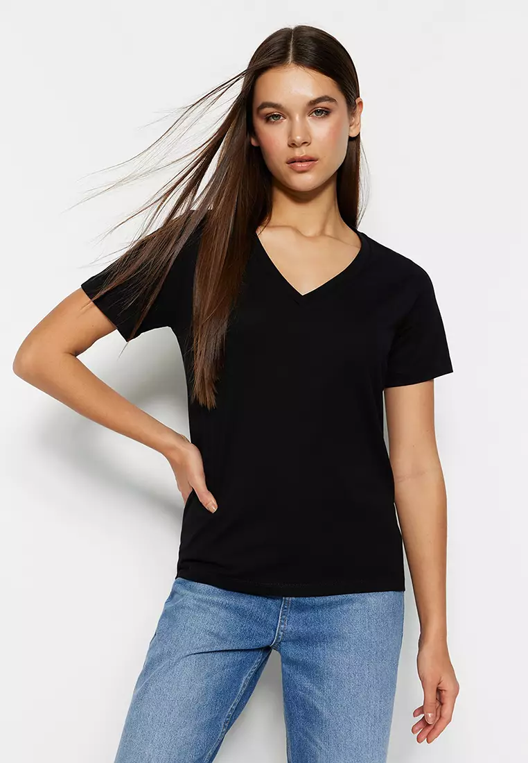 black cotton v neck t shirt