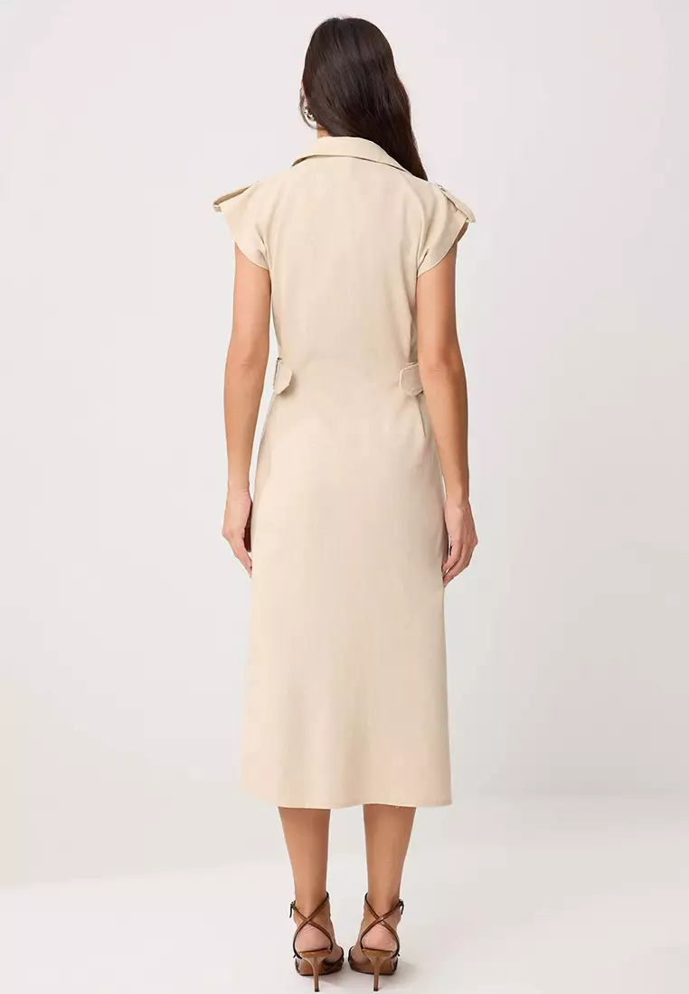 Stone Accessory Detail Midi Woven Shirt Dress Twoss26El125
