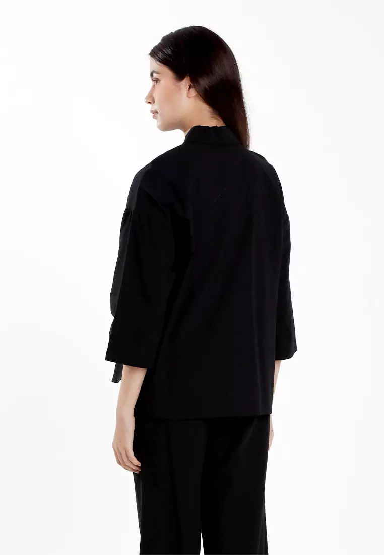 Forest Ladies Cotton Linen 3/4 Sleeve Collar Blouse Women Shirt | Baju Kemeja Perempuan Lengan Panjang - 822474-01Black